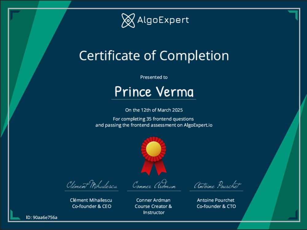 Frontend Assessment certificate
