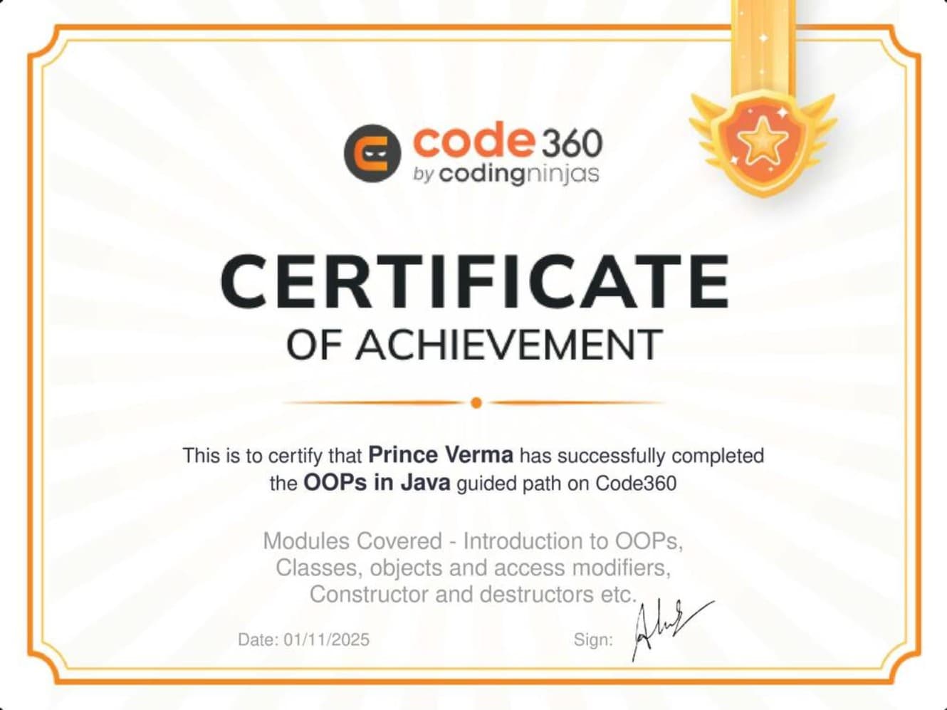 OOPs in Java certificate