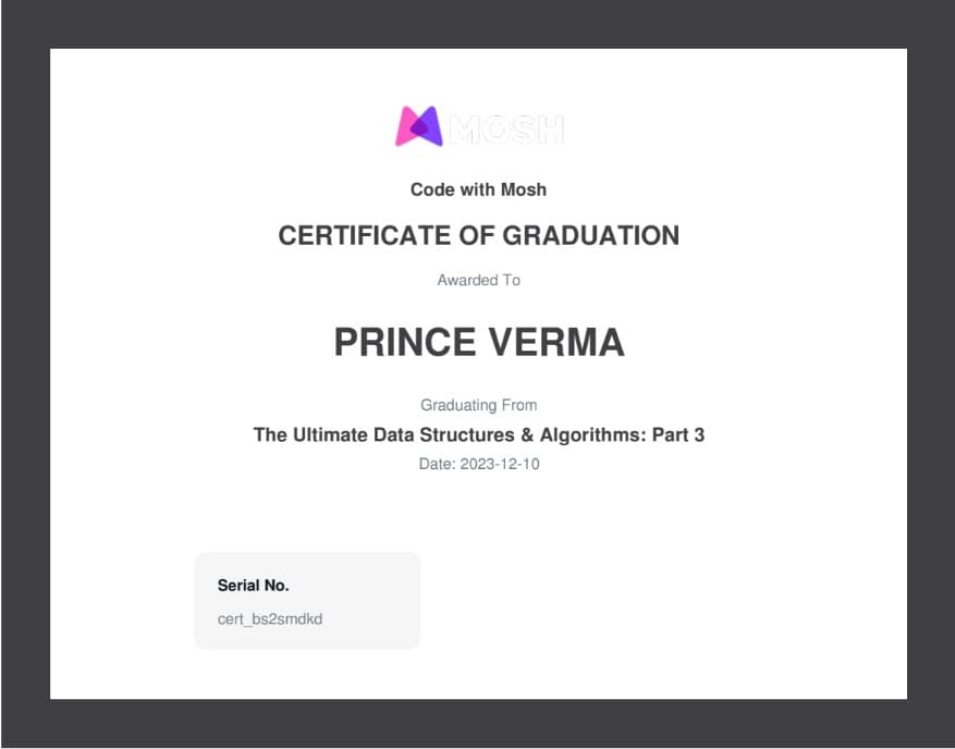 The Ultimate Data Structures & Algorithms: Part 3 certificate