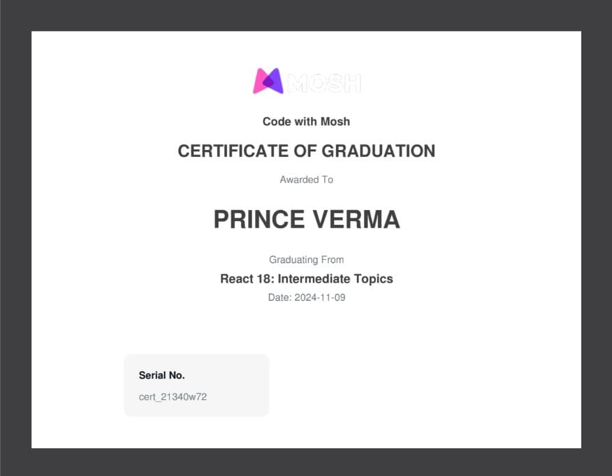React 18: Intermediate Topics certificate